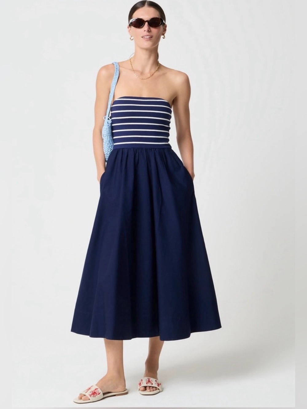 J.Crew Mixed-media midi dress in navy stripe